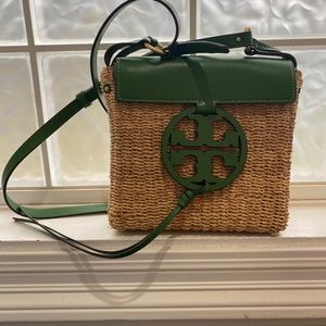 Tory Burch Straw and Leather Miller Cross-Body Purse